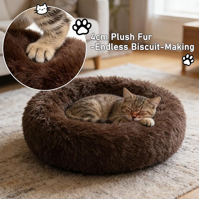 Calming Donut Dog Beds for Small Dogs Kitten - Washable Removable Cover Non-Slip Bottom, Round Pet Bed Puppy Bed Warming Fluffy Faux Fur Anti-Anxiety, Fits up to 15 lbs (Coffee, 20")