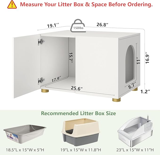 Small Litter Box Enclosure, Sleek Modern Cat Litter Box Cabinet Furniture, Wooden Cat House, End Table (White)