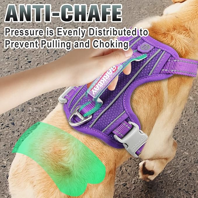 BARKBAY No Pull Dog Harness Large Reflective Dog Harness with Front Clip and Easy Control Handle for Walking Training Running with ID tag Pocket(Purple,L)