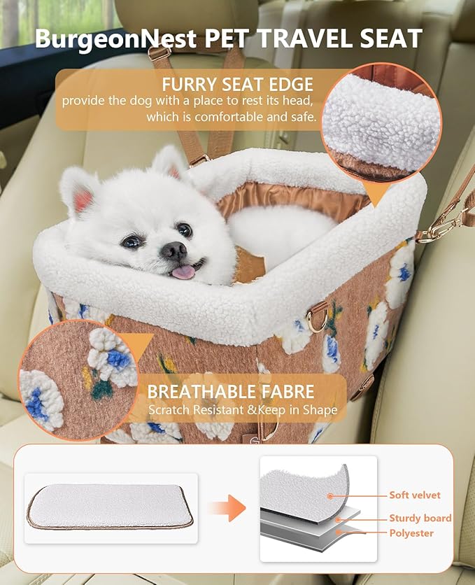 BurgeonNest Dog Carseat for Small Dog, Center Console Pet Booster Seats with Metal Frame, Upgraded Pet Carseat with Double Protection Seat Belts, Washable Cushion, Safety Leash and Storage Pocket