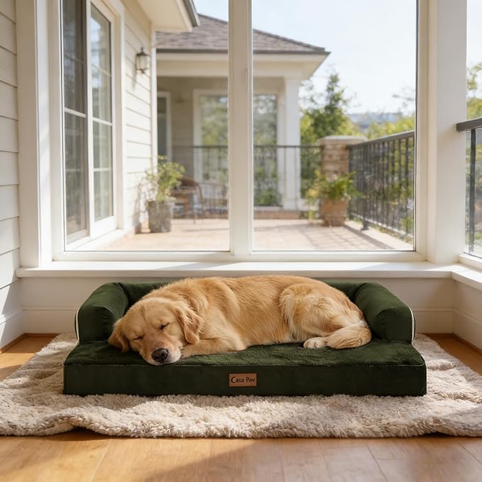 Orthopedic Dog Beds for Extra Large Dogs, Waterproof Egg Crate Foam XL Dog Bed with Sides 45x35Inch, Big Dogs Couch Beds with Removable Washable Cover and Nonskid Bottom, Olive Green