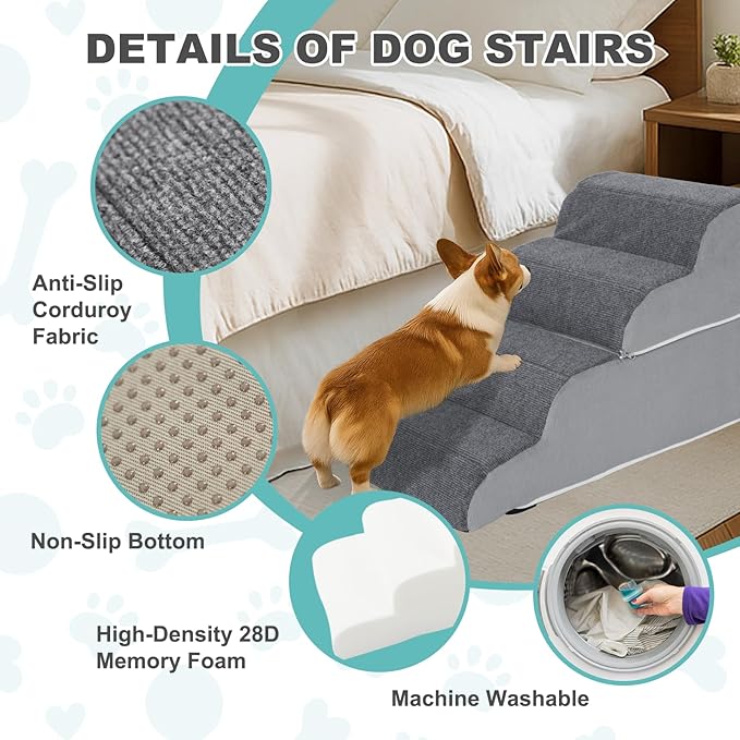 Docred 4-Step Dog Stairs for Small Dogs and Cats - Doggy Ramps, Non-Slip Sturdy Pet Steps for High Beds, Couch, Sofa, Washable Dog Ramp with Removable Cover