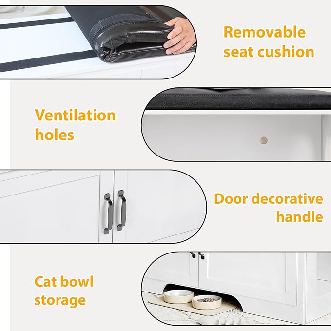 Modern Cat Litter Box Enclosure, 39" Hidden Litter Box Furniture with Removable Padded Seat Cushion, Flip-Top Design, Cat Washroom Bench with Storage Cabinet, Fit Most of Litter Box,White