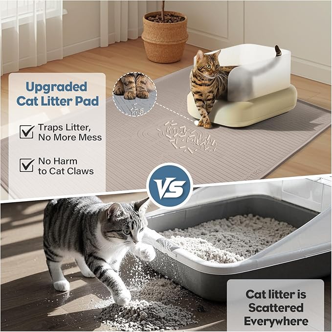 Lorvain Cat Litter Mats, 45" x 30" Extra Large Silicone Cat Mat for Litter Box, Easy to Clean Kitty Litter Trapping Mat, Soft on Kitty Paws, Waterproof, Urine-Proof Kitty Litter Mats for Floor, Beige