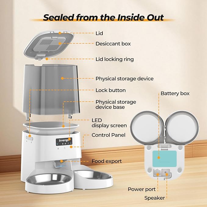 Automatic Cat Feeder with App Control, 5L Food Dispenser for 2 Cats, 2.4/5G WiFi, Dual Power, Programmable Portions, Anti-Jam & Fresh-Lock, Stainless Steel Bowls, Easy to Clean