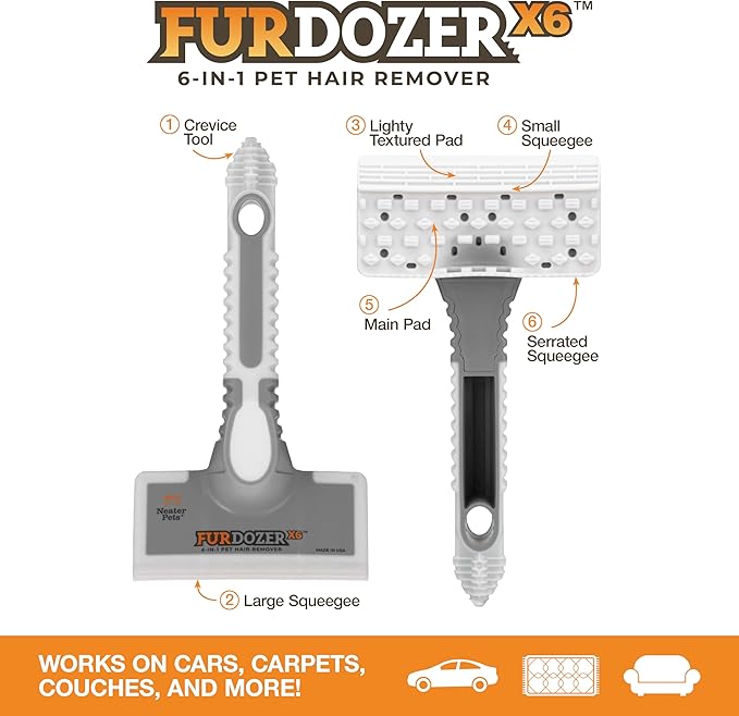 FurDozer Pet Hair Remover & Auto Detailing Tools - Cat & Dog Hair Remover for Carpets, Car Interiors, Couches, Bedding, & Pet Furniture (Gray, X6)