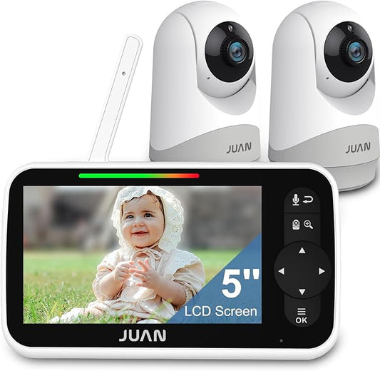 JUAN 5" Video Baby Monitor with 2 Cameras and Audio, 30-Hour Large Battery, Remote Control Cameras with Night Vision and Temprature Monitoring, Indoor and Outdoor, JA2216-2