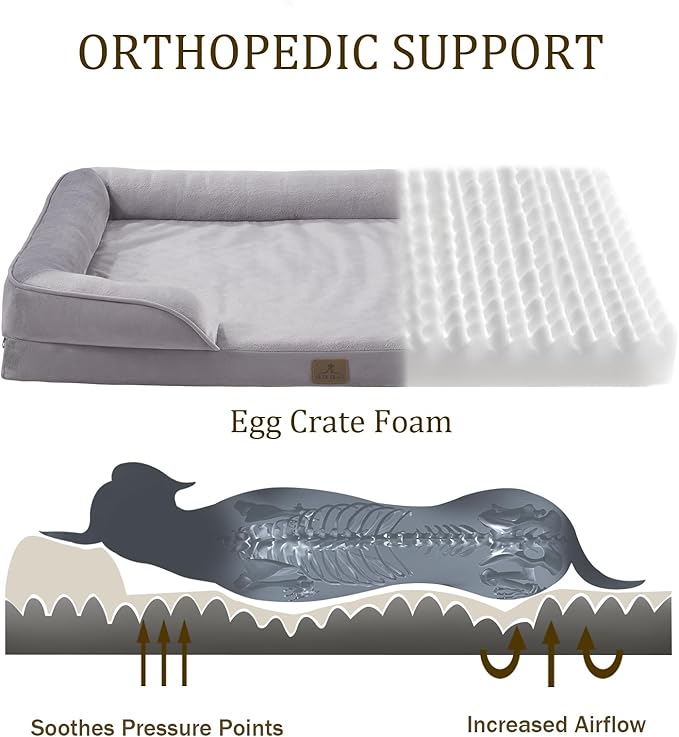 Bedfolks Orthopedic Dog Bed, Waterproof Dog Sofa Bed for Small Dogs & Cats, Egg Foam Pet Couch Bed with Removable Washable Cover and Nonslip Bottom, Light Grey