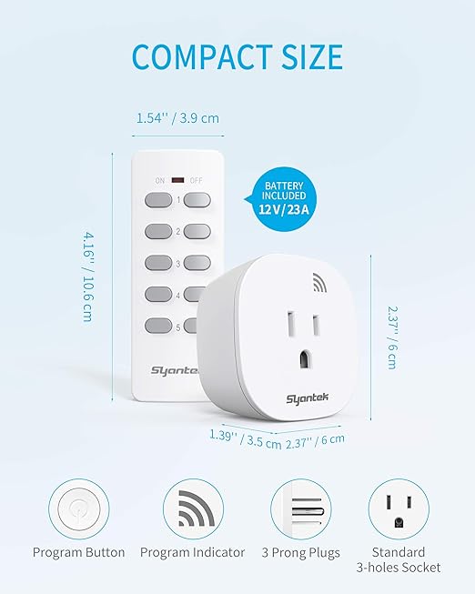 Remote Control Outlet Wireless Light Switch for Household Appliances, Expandable Remote Light Switch Kit, Up to 100 ft Range, FCC Certified, ETL Listed, White (5 Outlets + 2 Remotes)