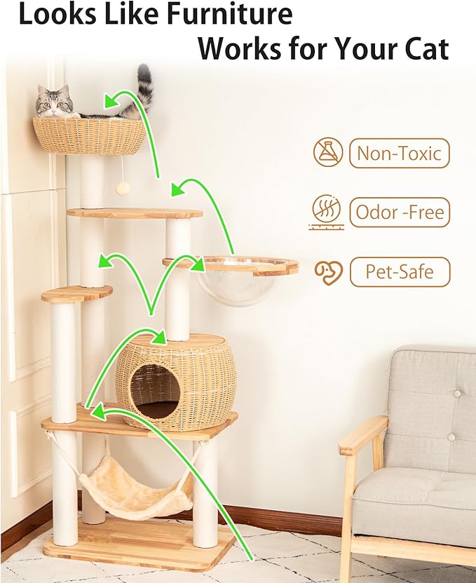 Wood Cat Tree for Large Cat, 57-Inch Tall Cat Tower with Scratching Post for Indoor Cats, Multi-Level Cat Condo with Hand-Woven Cat Bed and Hammock Acrylic Bowl Easy to Clean (DC888)