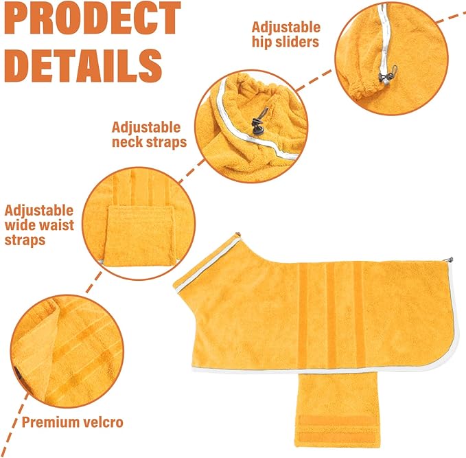 Dog Robe - Fast Drying Towel - Microfiber Super Absorbent Pet Bathrobe, Adjustable Collar & Belly Strap (Yellow, XX-Large)