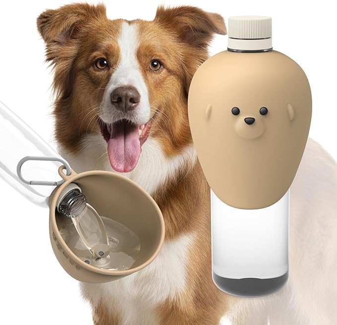 Portable Dog Water Bottle Bowl, for Travel, for Outdoor Activities, BPA Free Silicone Body, Easy to Clean, Dishwasher Safe, Carabiner Included (Brown)