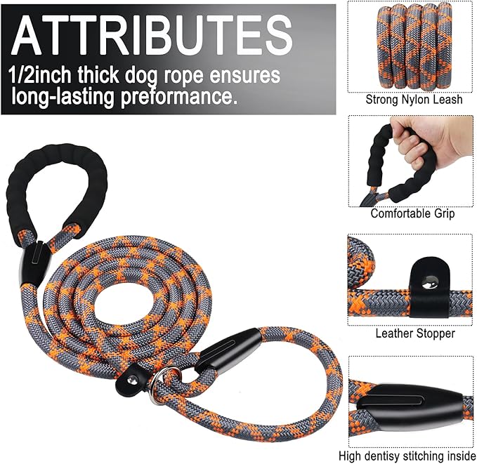 Dog Leash 6 FT, Durable Premium Quality Strong Training Rope Slip Leash with Comfortable Padded Handle and Highly Reflective Threads for Small Medium and Large Dogs, (Grey Orange)