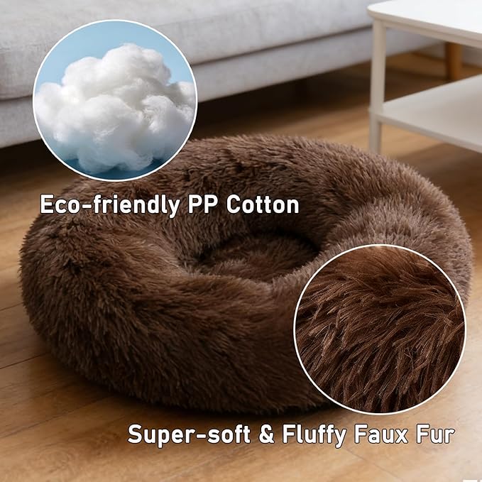 Calming Donut Dog Bed Medium Size Dog - Washable Removable Cover Non-Slip Bottom, Round Pet Bed Cat Bed Warming Fluffy Plush Faux Fur Anti-Anxiety, Fits up to 45 lbs (Coffee, 30")
