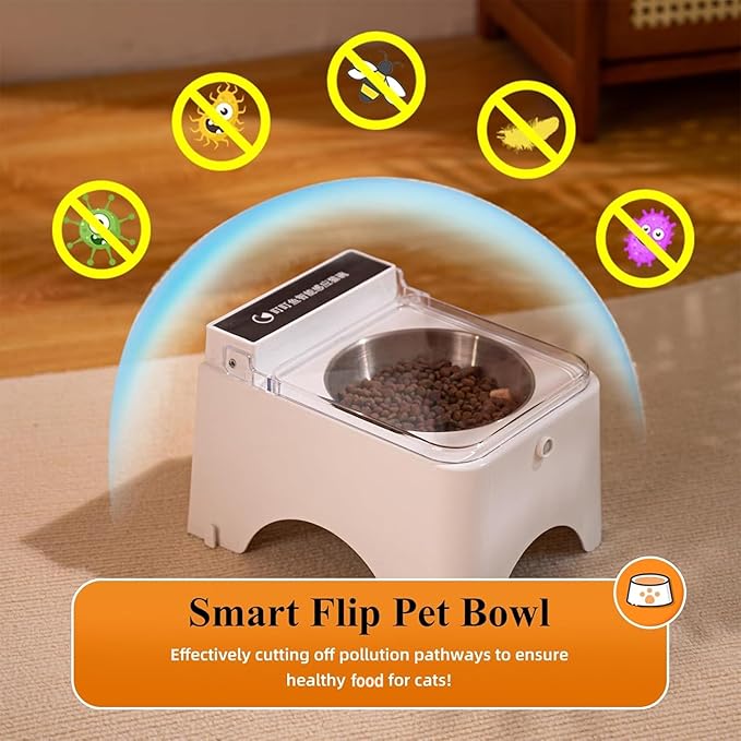 Dustproof Wireless Infrared Sensor Flip Top Cat Food Bowl - Automatic Cat Feeder for Indoor & Camping, Elevated, No Spill, Non-Slip, Raised Stainless Steel Food & Water Dog Bowl
