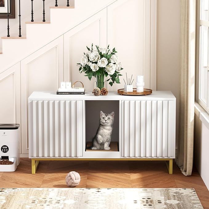 Double Litter Box Enclosure,Modern Cat Litter Box Enclosure for 2 Cats, Hidden Litter Box with Cat Scratch Pad, Cat Washroom Cat House End Table, Entryway Bench for Livingroom (White)