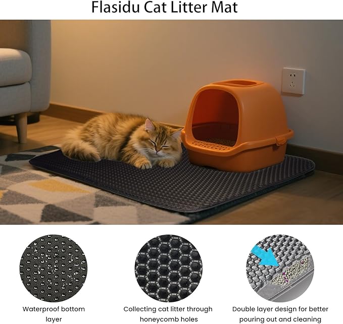 Cat Litter Box Mat Double Layer Trapping Mat Easy-Clean Waterproof Urine Proof(Black 30x22in)
