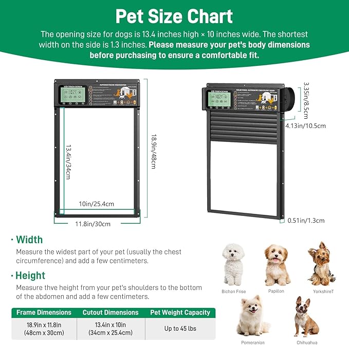Smart Automatic Pet Door, Radar, Timer & Light Sensor Modes, Solar & USB Rechargeable, Durable Aluminum, Weatherproof, 10"×13", 24/7 Operation for Small Pets Up to 45 lb (White)