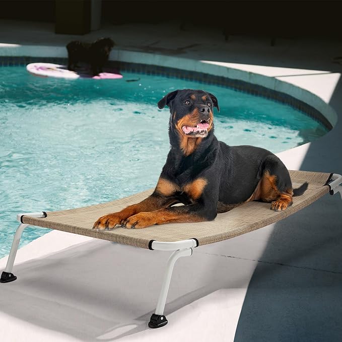 Veehoo Elevated Dog Bed for Outdoor, Cooling Waterproof Raised Dog Cots Beds XL, Curved Off Ground Pet Hammock Cot Lifted for Outside, up to 150lbs, White Legs, Beige 49"