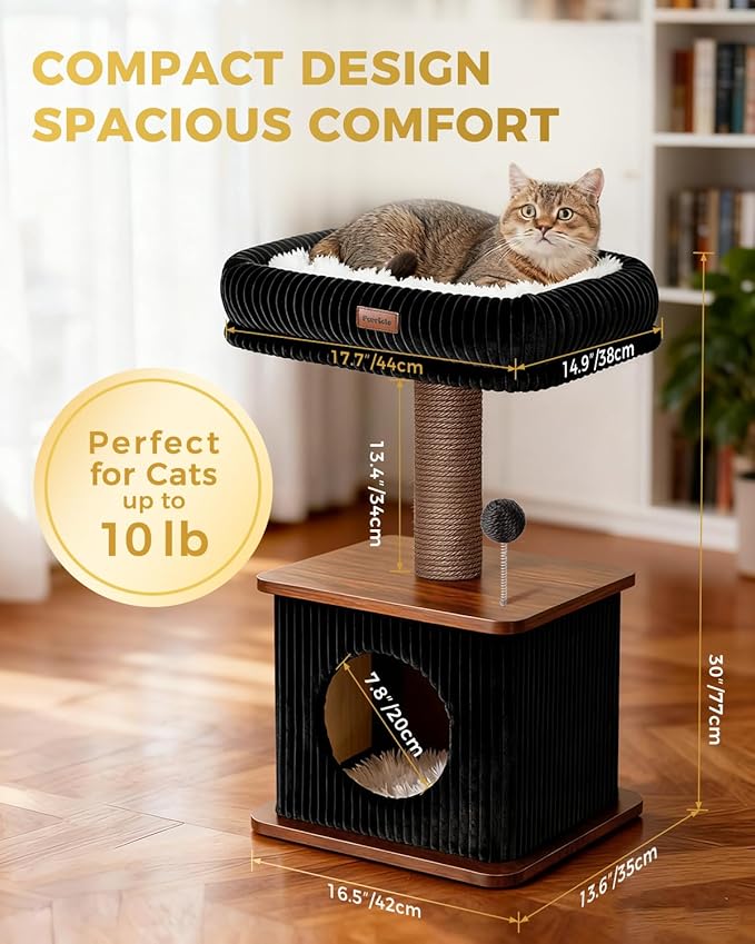 Modern Cat Tree for Indoor Cats, Nordic Loft Style, Wooden Cat Tower with Sisal Scratching Posts, Soft Padded Beds & Cozy Condos, Floor-Mounted for Kittens & Adult Cats