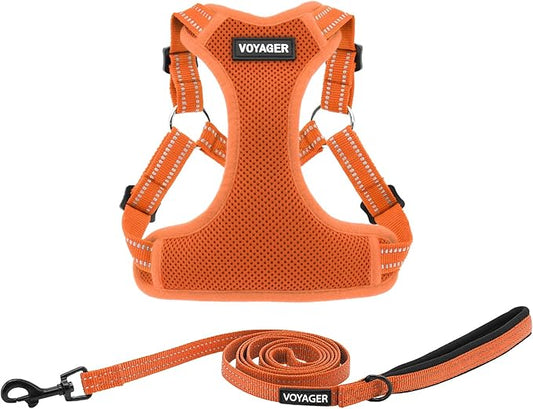 Best Pet Supplies Voyager Mesh Dog Breathable Harness Reflective Stitching, All Weather Adjustable for Walking Training, or Running - Heavy Duty & Durable, Harness Leash Set (Orange), XL