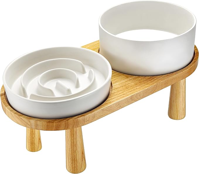 Ceramic Slow Feeder and Water Bowl Set for Medium and Large Dogs, 8.0inch Ceramic Dog Bowls Elevated with Wooden Stand, 2.0 Cups Dog Slow Feeder(30oz) and 70oz Water Bowl Set, White