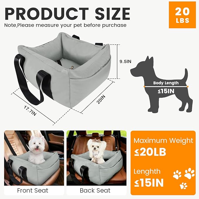 Dog Car Seat for Small Dogs, Large Leather Dog Car Bed with Storage Pocket, Waterproof PVC Leather Booster Seat Travel Bed for Front & Back Seat, Clip-On Safety Leash (Grey)