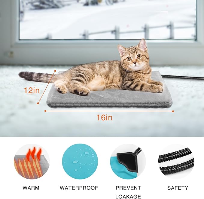 Heating Pad for Cats and Dogs Outdoor,Indoor Warming Cat Heating Pad, Waterproof，Chew Resistant Cord (Grey, 16 X 12)
