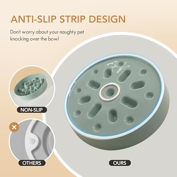 Ceramic 3.2 Cup Dog Raised Slow Feeder Set, Elevated Bowl with Wooden Stand for Large Dog, 9.5inch Slow Feeder Dish for Fast Easters, Anti-Gulping(Light Green, Single Bowl+ Stand)