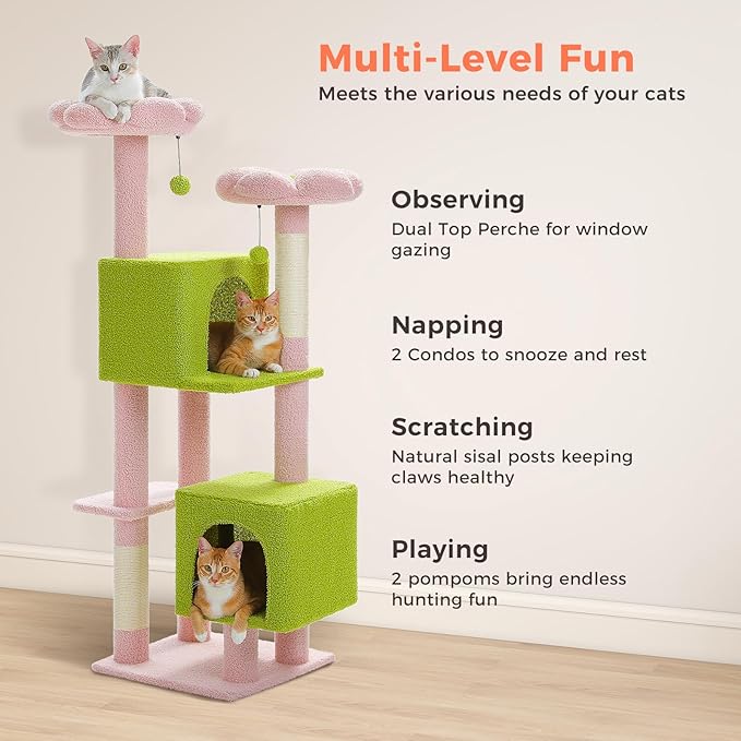 Flower Cat Tree, 52.4 Inch Multi-Level Cat Tower for Indoor Cats with Dual Top Perches, 2 Condos & Scratching Posts, Plush Cat Furniture for Kittens and Medium Cats, Pink