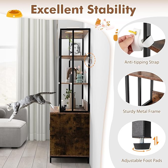 PETSITE Cat Litter Box Furniture with 3 Shelves and Doors, 61 inch Tall Cat Box Enclosure with Display Shelves, Scratching Pad, Indoor Hidden Litter Box with Decorative Storage Shelving (Rustic Brown)