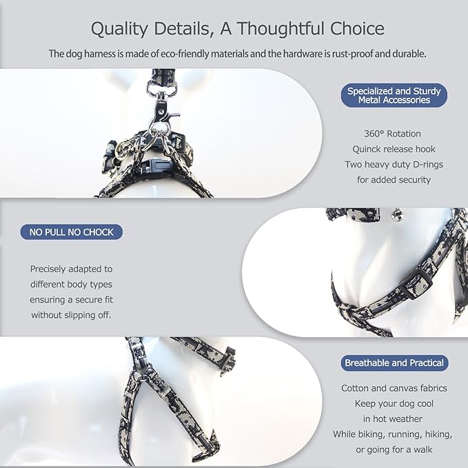 Dog Collar and Harness with Leash Set, Breathable Puppy Harnesses for Small Dogs, No Pull Easy Walking Pet Harness, Black, S