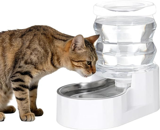 RIZZARI Gravity Water Bowl Dispenser: 4L Automatic Stainless Steel Water Feeder Without Filter - White Pet Waterer for Senior Dogs with Spine Problems - in Bedroom Garden