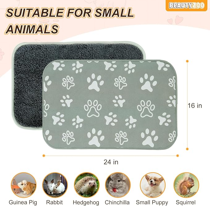 BEAUTYZOO 2 Pack Guinea Pig Cage Liners, Washable Reversible Fleece Guinea Pig Bedding, Waterproof Super Absorbent Pee Pads for Small Animals Rabbit Hamster Bunny - 16"x24" Grey