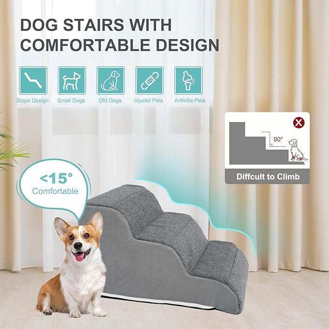 Docred 3-Step Dog Stairs for Small Dogs and Cats - Doggy Ramp, Non-Slip Sturdy Pet Steps for Beds, Couch, Sofa, Washable Dog Ramp with Removable Cover