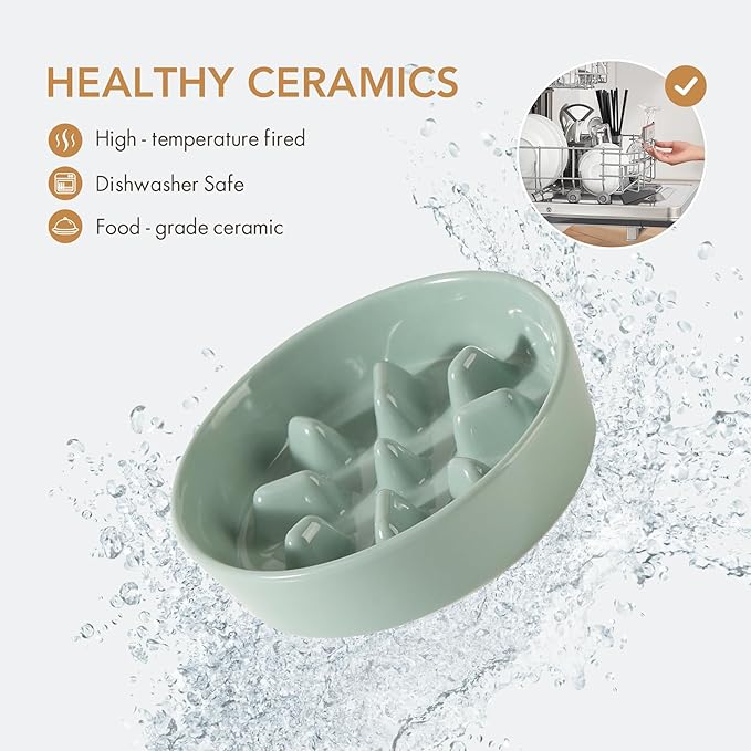 Ceramic 1.2 Cup Dog Bowl Slow Feeder, 7.3 inch Slow Pet Food Dish for Medium and Small Dog, Stop Bloat, Preventing Choking(Single Bowl, Light Green)