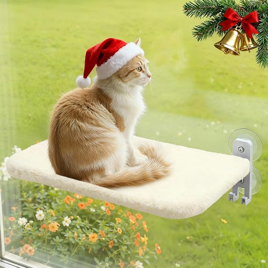 Cordless Cat Window Perch, Foldable Cats Hammock Window Bed with Metal Frame, Soft Cover, Large Suction Cups, Indoor Kitten Window Resting Seat for Spring/Fall, Creamy