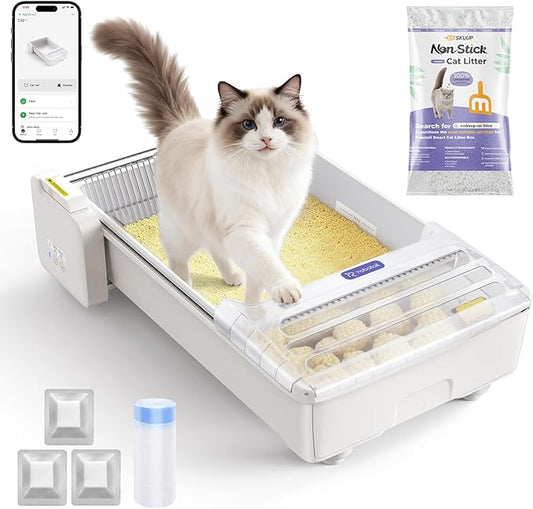 Self Cleaning Cat Litter Box - Fully Open Automatic Litter Box with Roomy Space+Vis Waste Bin, APP for Mutil Cats, Weight Sensors Anti Pinch Safety, Inlude 5Lb Compatible Cassva Litter