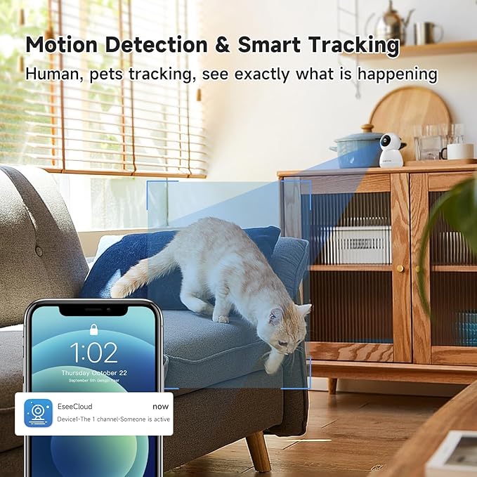 2K Baby Monitor with Phone App, 360° Pan-Tilt Indoor Camera for Home Security, AI Human/Pet Detection, Night Vision, 2-Way Talk, WiFi 2.4G/5G, SD/Cloud Storage, Compatible with Alexa