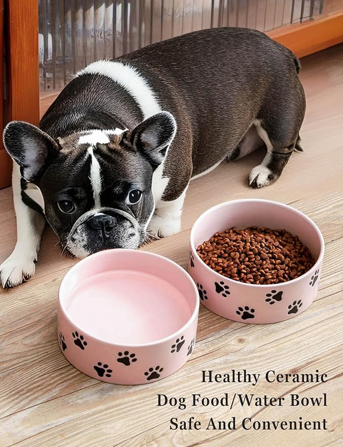 6.5 Inch Pink Ceramic Dog Bowl with Paw Print Pattern - Porcelain Wide Mouth Dog Food or Water Bowls, Large Feeding Pet Bowls for Indoor Medium Sized Dogs, for Wet or Dry Food