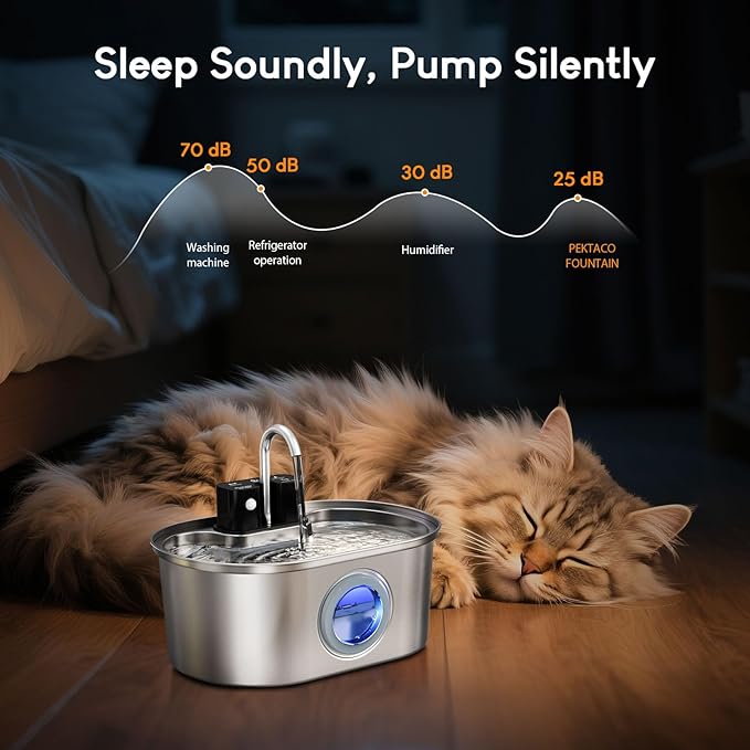 Wireless Cat Water Fountain Stainless Steel:108oz/3.2L Battery Operated Cat Fountains for Drinking Indoor, Automatic Pet Water Dispenser with Motion Sensor,Ultra Quiet Pump,Multi-Filtration(2 Filters)
