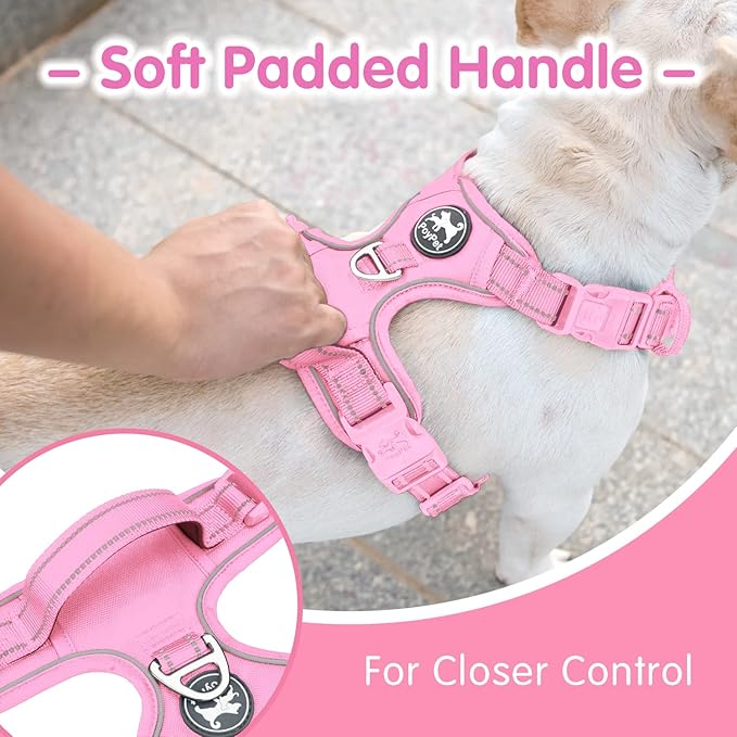PoyPet No Pull Dog Harness and 5 Feet Leash Set, Release on Neck Reflective Adjustable Pet Vest, Front & Back 2 D-Ring and Soft Padded Pet Harness with Handle for Small to Large Dogs(Pink,L)