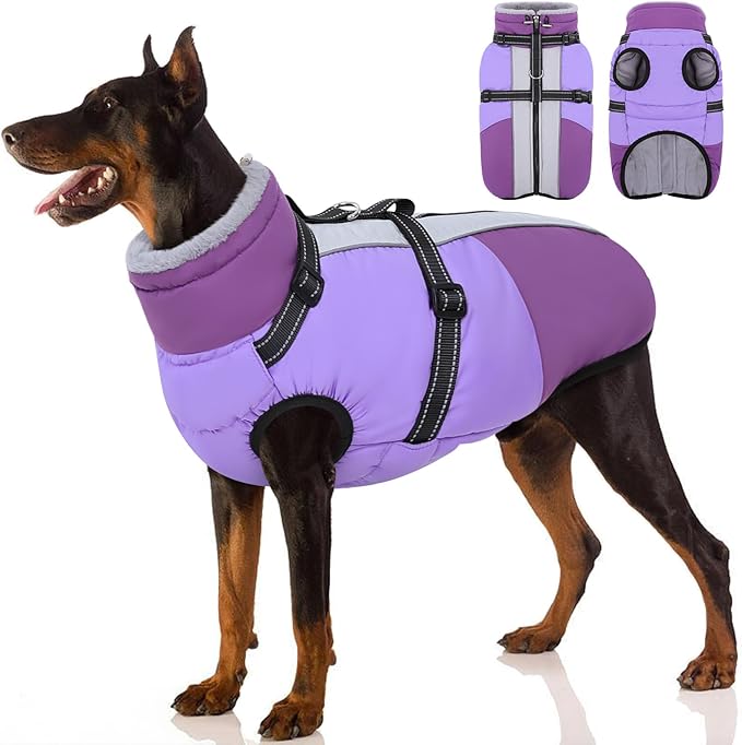 SUNFURA Large Dog Coat with Harness Built in, Warm Dog Jacket Waterproof Pet Winter Coat Snowsuit for Cold Weather, Reflective Fleece Jacket for Large Dogs, Border Collie, Purple XL