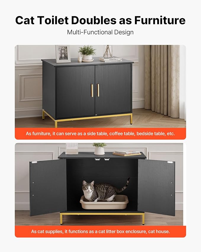 VEVOR Cat Litter Box Enclosure Furniture, 27.6 in Hidden Litter Box Cabinet with Metal Legs & Handle, Modern Style Cat Washroom House End Table, Fit Most of Litterbox, for Bedroom Living Room