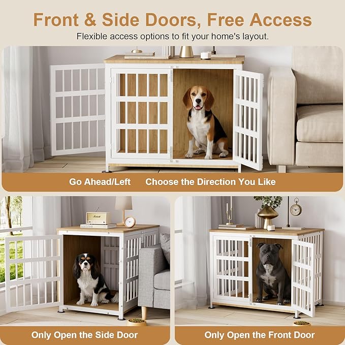 33" Dog Crate Furniture for Medium & Small Dogs with Wheels, Heavy Duty Dog Cage, Indoor Puppy Crate, Wooden Dog Kennel Table, 32.6"L x 22.8"W x 25.8"H, Decorate House as End Table — Natural and White