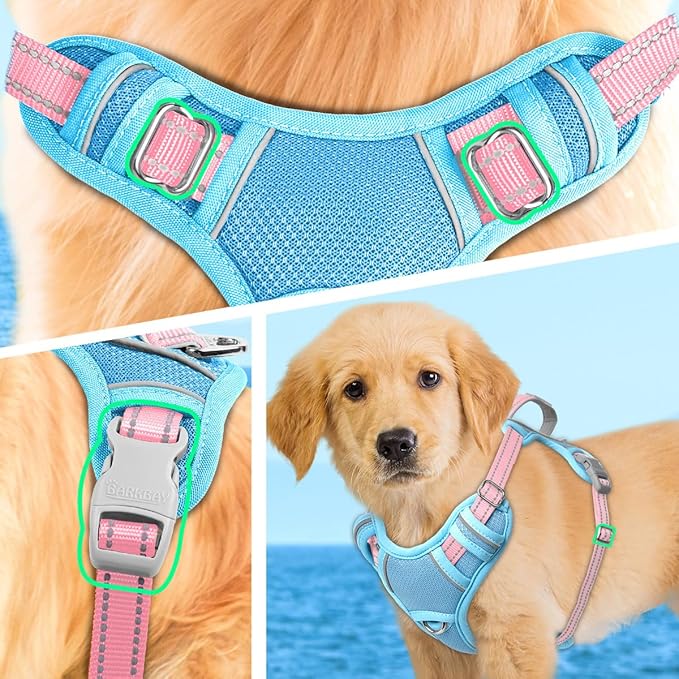 BARKBAY No Pull Dog Harness Large Reflective Dog Harness with Front Clip and Easy Control Handle for Walking Training Running with ID tag Pocket(Baby Blue & Baby Pink,S)