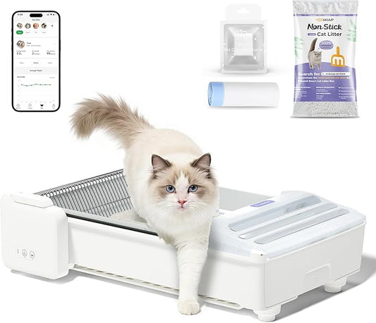 Open-Top Self Cleaning Litter Box, 2025 Upgraded Extra Large Automatic Cat Litter Box for Multiple Cats, Safety Sensors/App Control/Odor Control/Easy Clean - Includes 5 lbs Premium Cat Litter