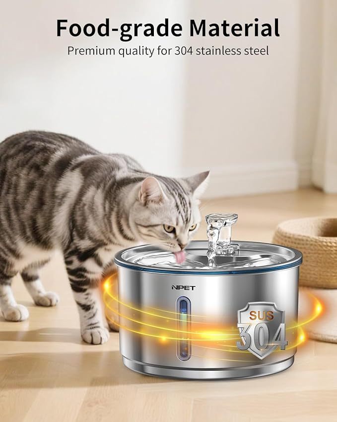 NPET Stainless Steel Cat Water Fountain, 1Gallon/135oz Automatic Pet Drinking Fountain Dog Water Dispenser with 4 Replacement Filters for Cats Indoor