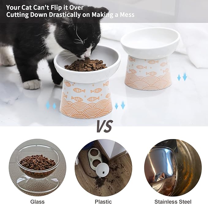 OMAYKEY Elevated Cat Bowls, 8 Oz Ceramic Raised Tilted Cat Food Water Bowl, Reduce Vomiting and Protect Pets' Spines Dishes for Cat, Small Dog and Kitten, Orange, 2 Packs