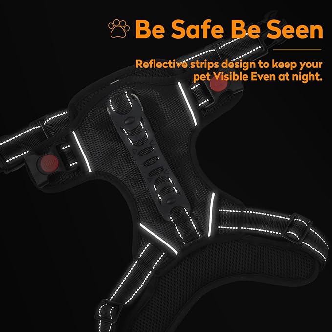 No Pull Dog Harness with 2 Leash Clips, Reflective Adjustable Soft Padded Vest with Handle, Breathable Oxford No Choke Pet Vest for Large Dogs, Black,L